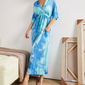 NWT Blue Cloud Tie-Dye Dolman Sleeve Surplice Maxi